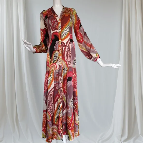 100% Silk Marciano Red Multi Paisley V-Neck Long Sleeve Maxi Dress size 02 - Picture 1 of 9